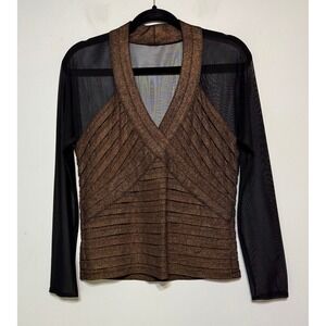 EXPO New‎ York Night-Luxe Metallic Mesh Sheer V-Neck Party Top Size 10 Y2K Glam